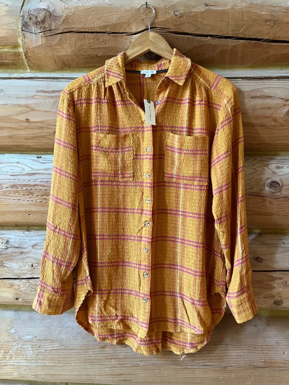 Pilcro Anthropologie Blouse Button Up Tunic Orange and Pink Stripes Plaid XS NWT